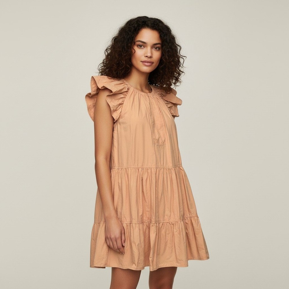 A.L.C. Apricot Peach Cotton Poplin Tiered Flutter Sleeve Mini Dress Women Size 2